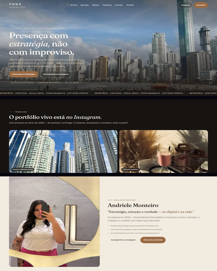 Site institucional da UNNA Marketing Digital: página inicial, galeria de trabalhos e apresentação da fundadora